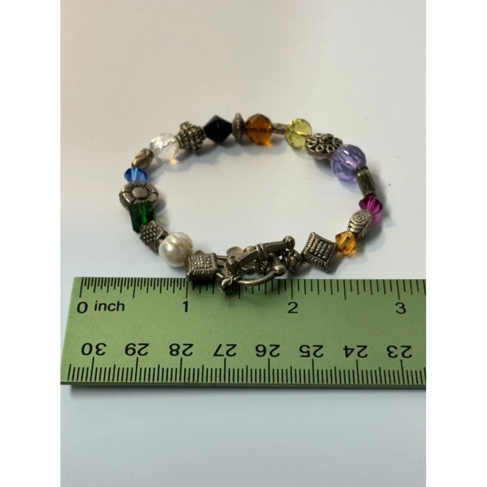 Y2K Charm Bracelet Silver Tone Purple‎ Green Yellow Beads Cross Crucifix